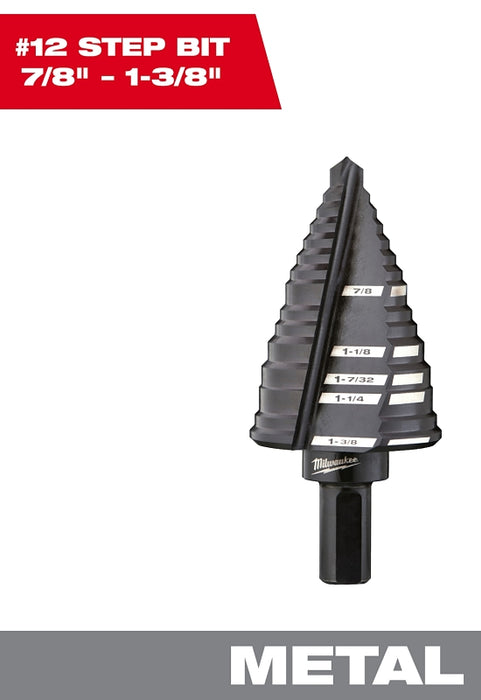 Milwaukee 48-89-9212 Step Drill Bit, 7/8 to 1-3/8 in Dia, 3-1/16 in OAL, Straight Flute, 2-Flute, 1/4 in Dia Shank