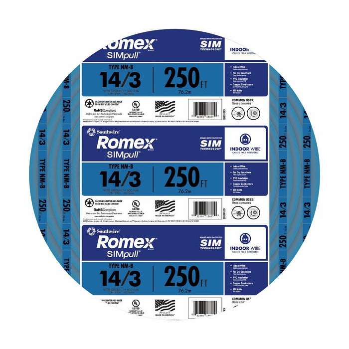 Romex 14/3NM-WGX250 Building Wire, 14 AWG Wire, 3 -Conductor, 250 ft L, Copper Conductor, PVC Insulation