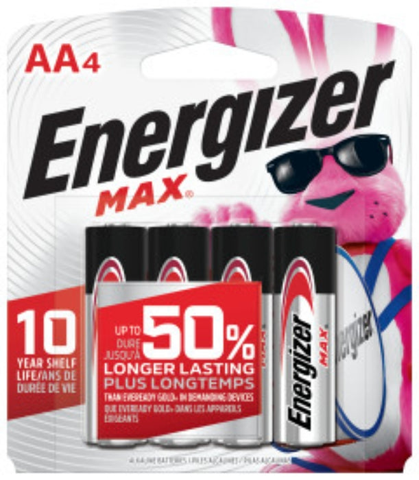 Energizer E91 E91BP-4 Battery, 1.5 V Battery, 2850 mAh, AA Battery, Alkaline, Manganese Dioxide, Zinc, Silver