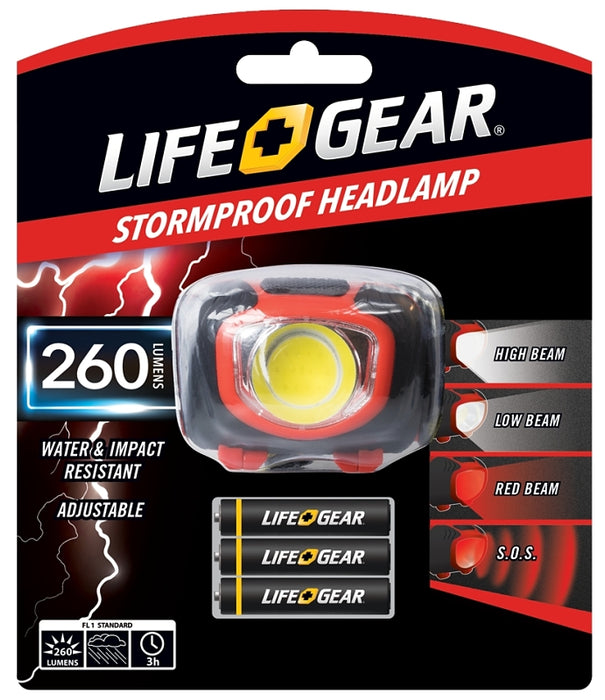 LifeGear 41-3765 Headlamp, AAA Battery, Alkaline Battery, LED Lamp, 260, 3 hr Run Time, Black/Red