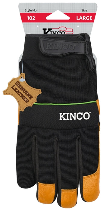 KincoPro 102-L Safety Gloves, Men's, L, Wing Thumb, Hook and Loop Cuff, Polyester/Spandex Back, Gold