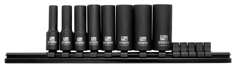 Irwin 1877481 Impact Socket Rail Set, 3/8 in Drive, Square Drive, 6-Point, Molybdenum Steel, Black Oxide