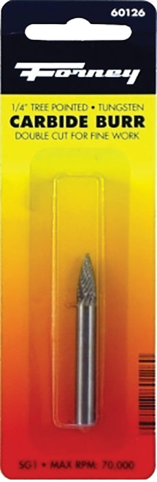 Forney 60126 Burr, 1/4 in Dia Cutting, 1/4 in Shank, Tree Pointed Shank, Tungsten Carbide Cutting Edge