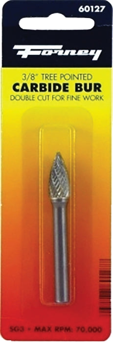 Forney 60127 Burr, 3/8 in Dia Cutting, 1/4 in Shank, Tree Pointed Shank, Tungsten Carbide Cutting Edge