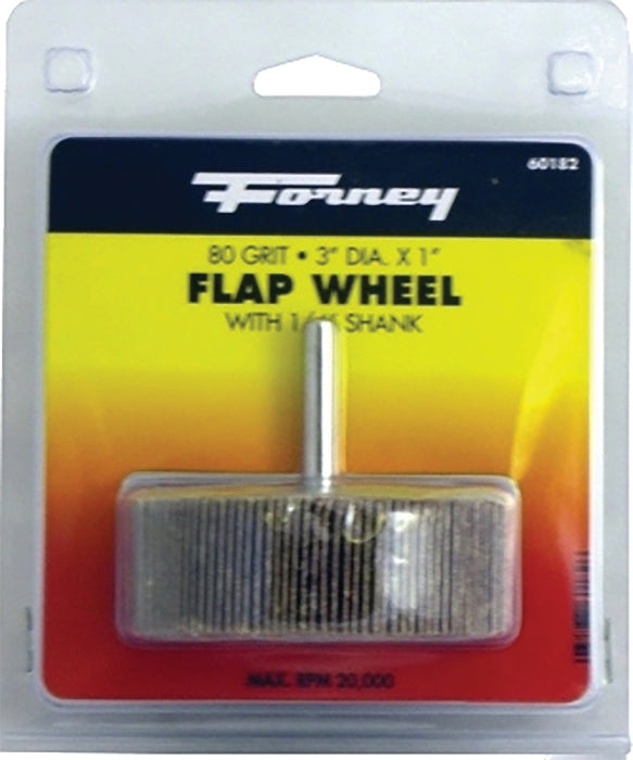 Forney 60182 Flap Wheel, Applicable Materials: Metal, Wood, 3 in Dia, 1 in Thick, 1/4 in Arbor, 80 Grit