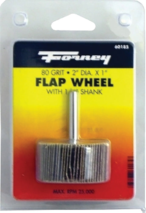 Forney 60185 Flap Wheel, Applicable Materials: Metal, Wood, 2 in Dia, 1 in Thick, 1/4 in Arbor, 80 Grit