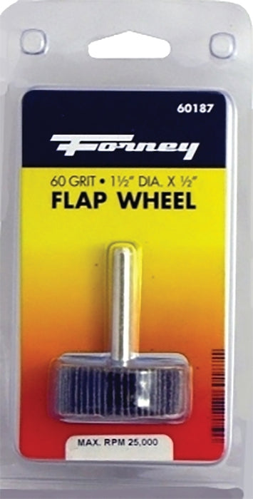 Forney 60187 Flap Wheel, Applicable Materials: Metal, Wood, 1-1/2 in Dia, 1/2 in Thick, 1/4 in Arbor