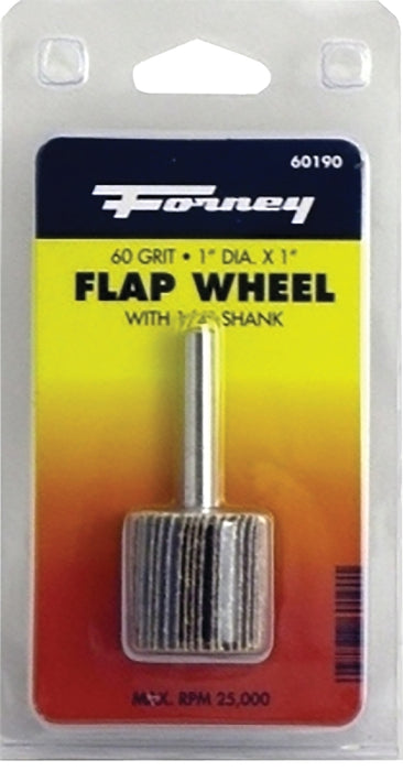 Forney 60190 Flap Wheel, Applicable Materials: Metal, Wood, 1 in Dia, 1 in Thick, 1/4 in Arbor, 60 Grit