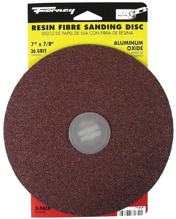 Forney 71654 Sanding Disc, 7 in Dia, 7/8 in Arbor, Coated, 36 Grit, Extra Coarse, Aluminum Oxide Abrasive