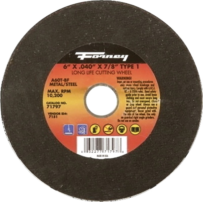 Forney 71797 Cut-Off Wheel, 6 in Dia, 0.04 in Thick, 7/8 in Arbor, 60 Grit, Medium, Aluminum Oxide Abrasive