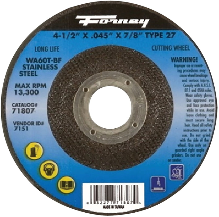 Forney 71807 Cut-Off Wheel, 4-1/2 in Dia, 0.045 in Thick, 7/8 in Arbor, 46 Grit, Medium, Aluminum Oxide Abrasive