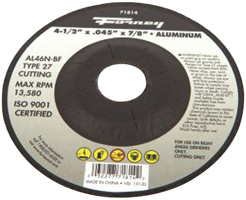 Forney 71814 Cut-Off Wheel, 4-1/2 in Dia, 0.045 in Thick, 7/8 in Arbor, 46 Grit, Medium, Aluminum Oxide Abrasive