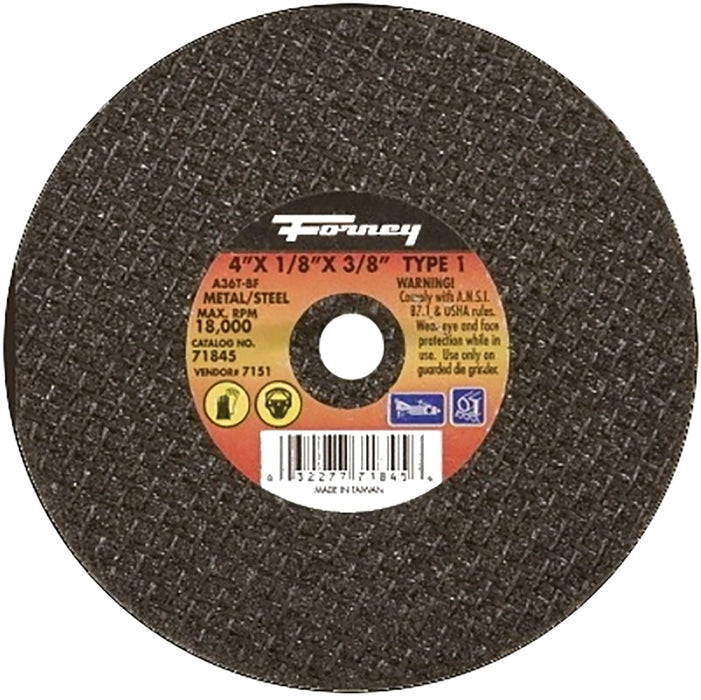 Forney 71845 Cut-Off Wheel, 4 in Dia, 1/8 in Thick, 3/8 in Arbor, 36 Grit, Medium, Aluminum Oxide Abrasive