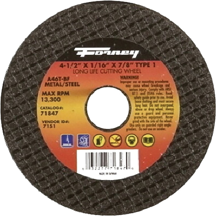 Forney 71847 Cut-Off Wheel, 4-1/2 in Dia, 1/16 in Thick, 7/8 in Arbor, 46 Grit, Medium, Aluminum Oxide Abrasive