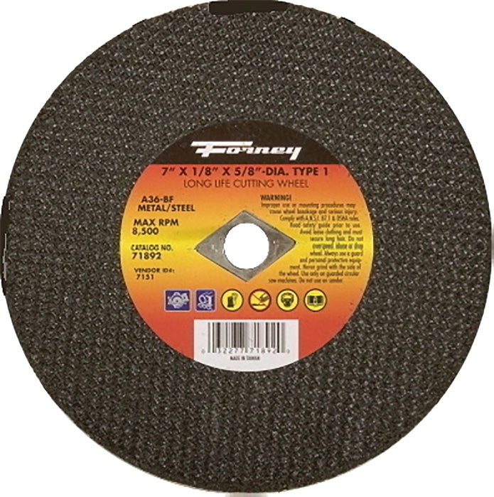 Forney 71892 Cut-Off Wheel, 7 in Dia, 1/8 in Thick, 5/8 in Arbor, 24 Grit, Coarse, Aluminum Oxide Abrasive