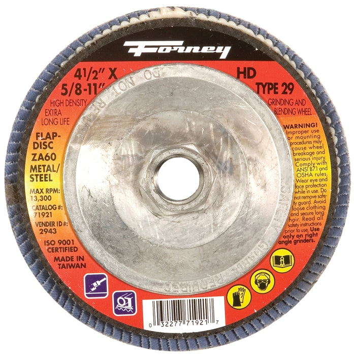 Forney 71921 Flap Disc, 4-1/2 in Dia, 5/8-11 Arbor, 60 Grit, Medium, Zirconia Aluminum Abrasive