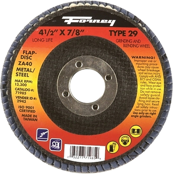 Forney 71926 Flap Disc, 4-1/2 in Dia, 7/8 in Arbor, 36 Grit, Medium, Zirconia Aluminum Abrasive