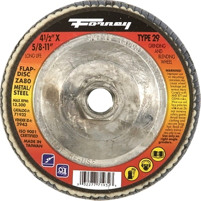 Forney 71932 Flap Disc, 4-1/2 in Dia, 5/8-11 Arbor, 80 Grit, Fine, Zirconia Aluminum Abrasive, Fiberglass Backing