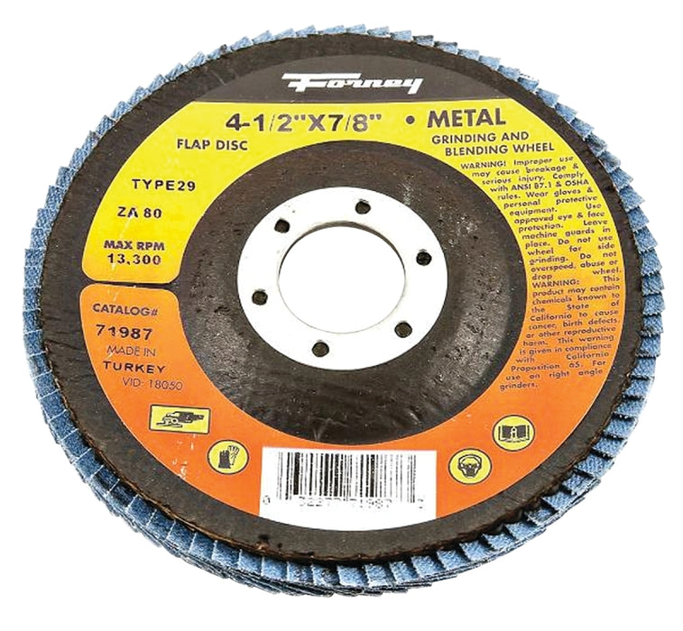 Forney 71987 Flap Disc, 4-1/2 in Dia, 7/8 in Arbor, 80 Grit, Fine, Zirconia Aluminum Abrasive, Fiberglass Backing