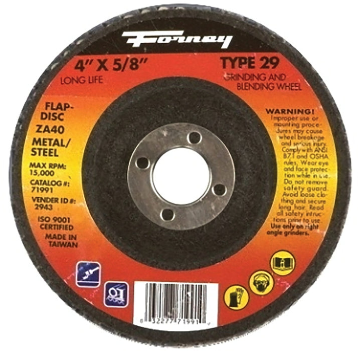 Forney 71991 Flap Disc, 4 in Dia, 5/8 in Arbor, 36 Grit, Medium, Zirconia Aluminum Abrasive, Fiberglass Backing