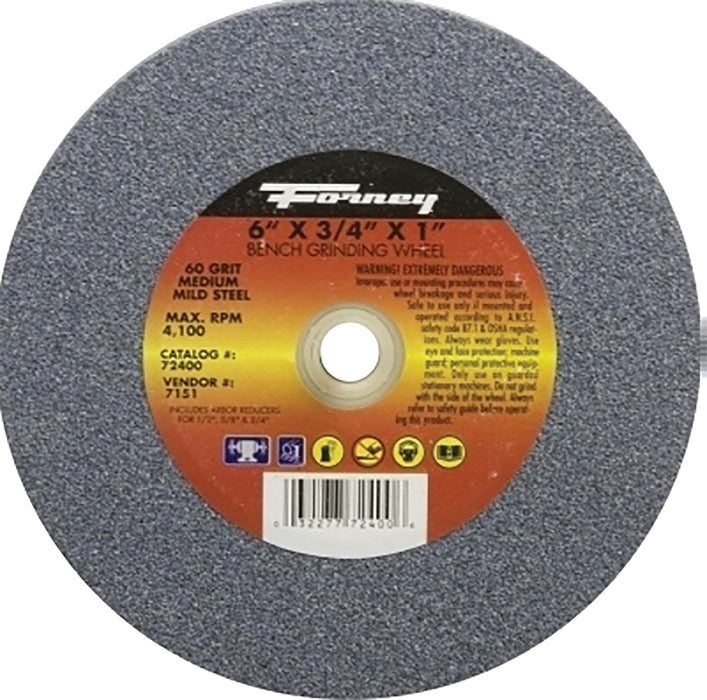 Forney 72400 Bench Grinding Wheel, 6 in Dia, 1 in Arbor, 60 Grit, Medium, Aluminum Oxide Abrasive