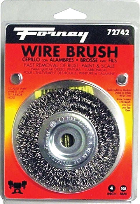 Forney 72742 Wire Wheel Brush, 4 in Dia, 1/2 in Arbor/Shank, 0.012 in Dia Bristle