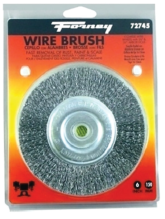 Forney 72745 Wire Wheel Brush, 6 in Dia, 1/2 to 5/8 in Arbor/Shank, 0.012 in Dia Bristle