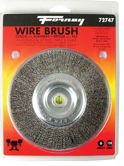 Forney 72747 Wire Wheel Brush, 6 in Dia, 1/2 to 5/8 in Arbor/Shank, 0.008 in Dia Bristle