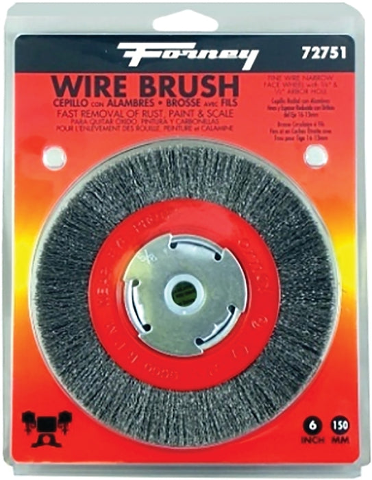 Forney 72751 Wire Bench Wheel Brush, 6 in Dia, 1/2 to 5/8 in Arbor/Shank, 0.008 in Dia Bristle