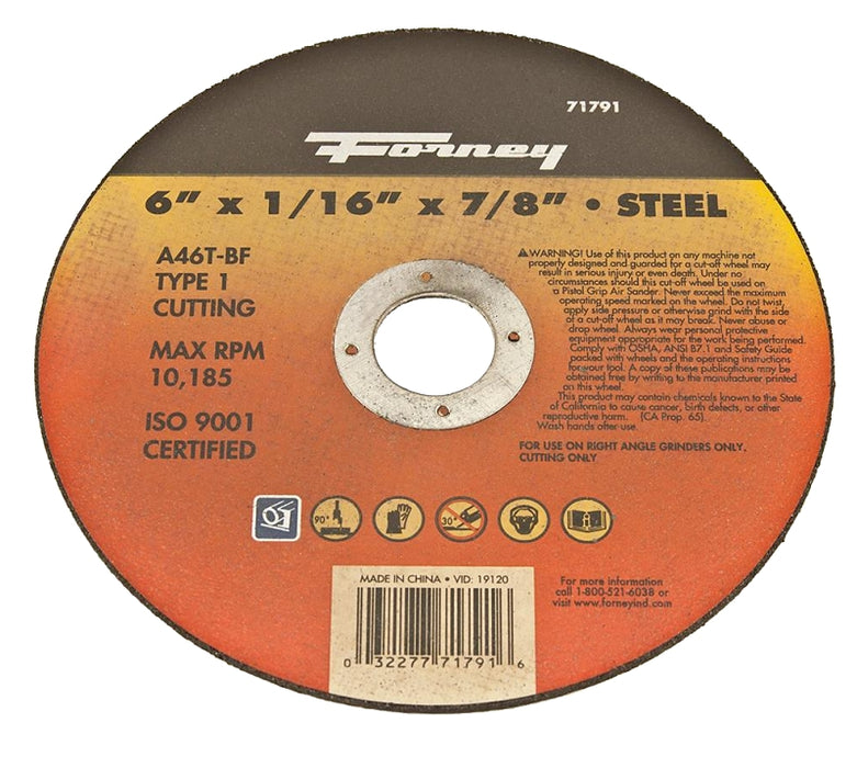 Forney 71791 Cut-Off Wheel, 6 in Dia, 1/16 in Thick, 7/8 in Arbor, 50 Grit, Coarse, Aluminum Oxide Abrasive