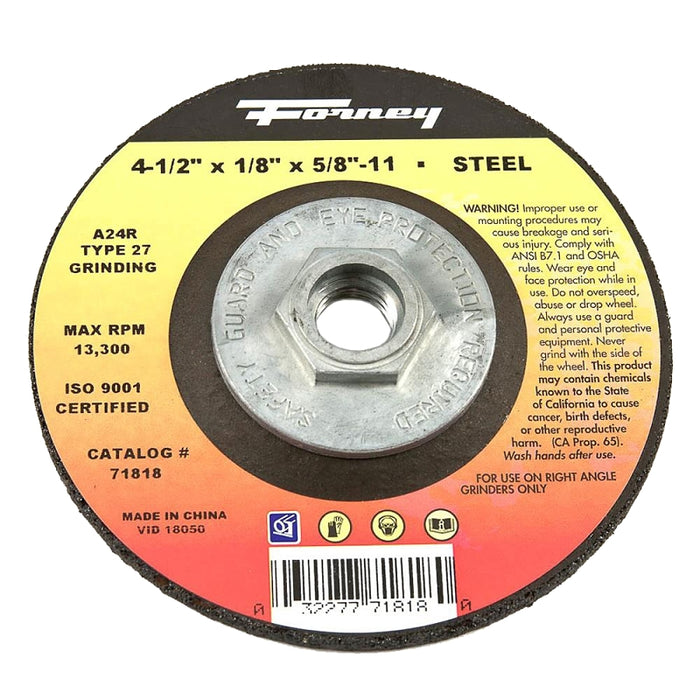 Forney 71818 Grinding Wheel, Applicable Materials: Ferrous Material, 4-1/2 in Dia, 1/8 in Thick, 5/8-11 in Arbor