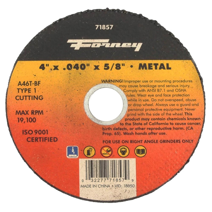 Forney 71857 Cut-Off Wheel, 4 in Dia, 0.04 in Thick, 5/8 in Arbor, 50 Grit, Coarse, Aluminum Oxide Abrasive