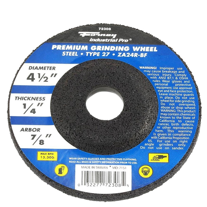 Forney 72308 Grinding Wheel, 4-1/2 in Dia, 1/4 in Thick, 7/8 in Arbor, Zirconium Abrasive