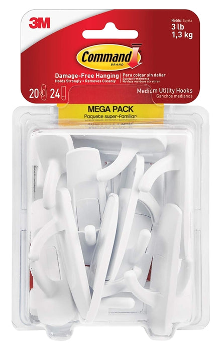 Command 17001-MPES Medium Utility Hook, 3 lb, 20-Hook, Plastic, White