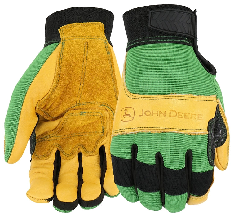 John Deere JD00009-XL Gloves, Men's, XL, Reinforced Thumb, Hook and Loop Cuff, Spandex Back, Green/Yellow