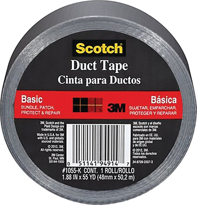 Scotch 1055 Utility Basic Duct Tape, 55 yd L, 1.88 in W, Cloth Backing, Silver