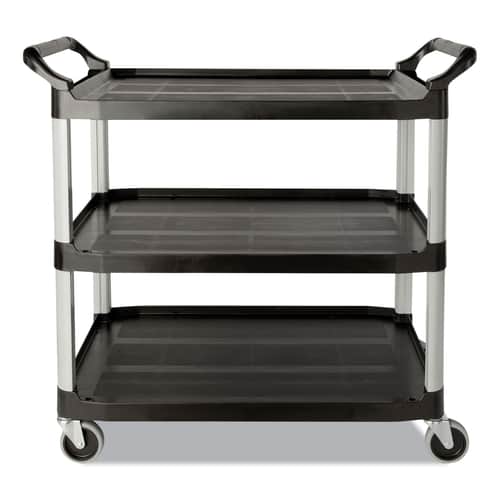 Rubbermaid Three-Shelf Service Cart, Plastic, 3 Shelves, 200 lb Capacity, 18.63" x 33.63" x 37.75", Black - RCP342488BLA