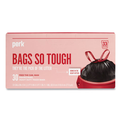 Drawstring Heavy-Duty Trash Bags by Perk, 33 gal, 1.1 mil, 37 - PRK24377879