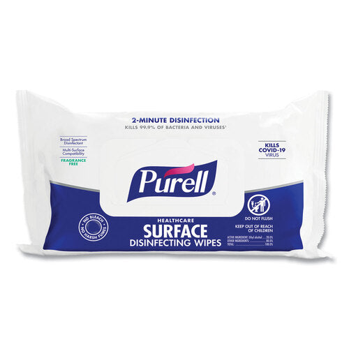 PURELL Healthcare Surface Disinfecting Wipes, 1-Ply, 7 x 10, Unscented, White, 72/Pack GOJ937012