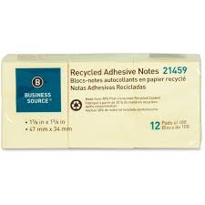 Business Source Yellow Adhesive Notes - 1 7/8" Flag/Note Width x 1 3/8" Flag/Note Length - Rectangle - Unruled - Yellow - Self-adhesive, Removable - Recycled - 12 / Pack