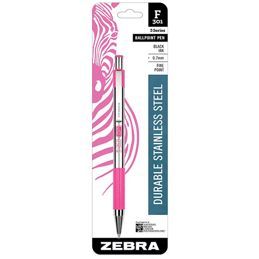 Zebra F-301 Breast Cancer Awareness Ballpoint Pen, Retractable, Fine 0.7 mm, Black Ink, Stainless Steel/Pink Barrel - NATIONAL BRANDS W/FREIGHT ZEB37111